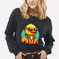 Cool Retro Yellow Duck In Sunglasses 70s 80s 90s Funny Duck Cropped Pullover Crew