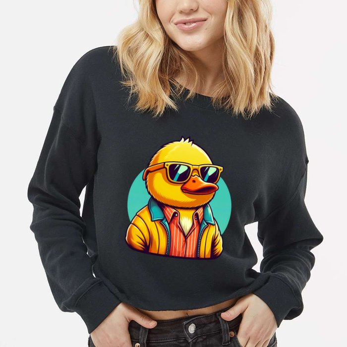 Cool Retro Yellow Duck In Sunglasses 70s 80s 90s Funny Duck Cropped Pullover Crew