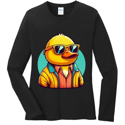 Cool Retro Yellow Duck In Sunglasses 70s 80s 90s Funny Duck Ladies Long Sleeve Shirt