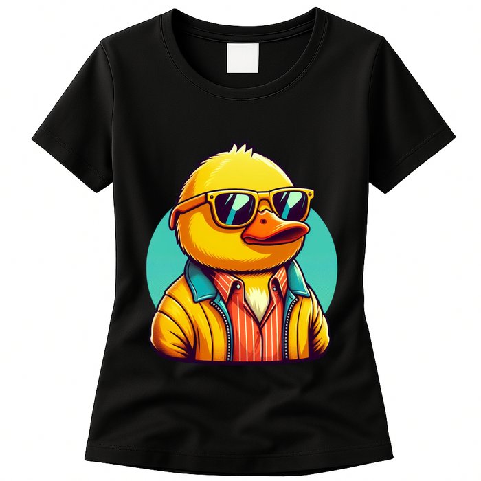 Cool Retro Yellow Duck In Sunglasses 70s 80s 90s Funny Duck Womens T-Shirt
