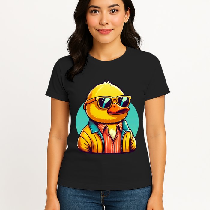 Cool Retro Yellow Duck In Sunglasses 70s 80s 90s Funny Duck Womens T-Shirt