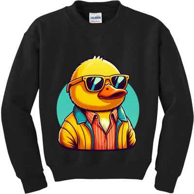 Cool Retro Yellow Duck In Sunglasses 70s 80s 90s Funny Duck Kids Sweatshirt