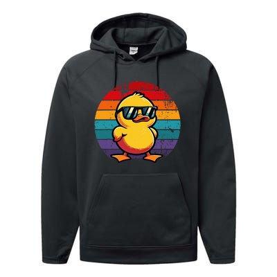 Cool Retro Yellow Duck In Sunglasses 70s 80s 90s Performance Fleece Hoodie