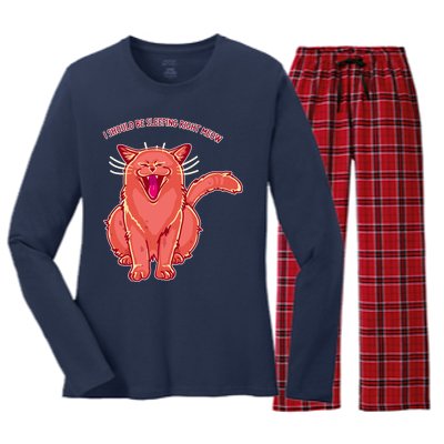 Crying Cat I should Be Sleeping Women's Long Sleeve Flannel Pajama Set 