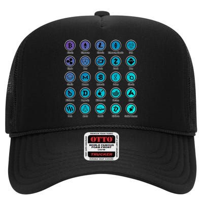 Crypto Currency Logos Coinbase High Crown Mesh Back Trucker Hat