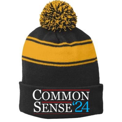 Common Sense 2024 Funny Political Election Sarcastic Stripe Pom Pom Beanie