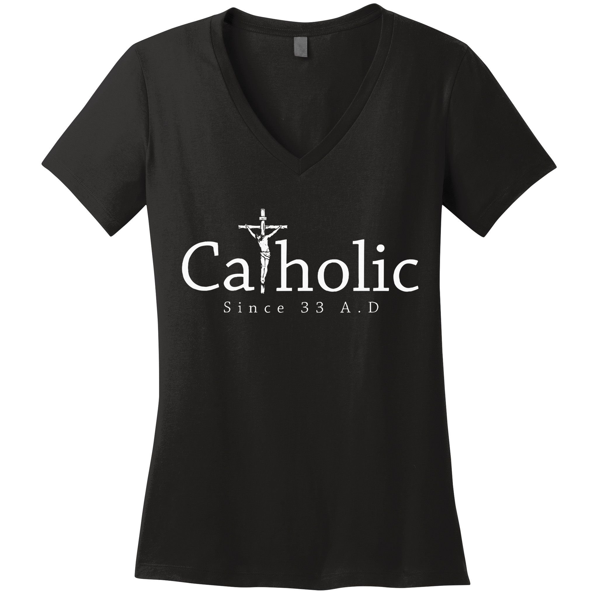 Catholic Since 33 Ad Crucifix Jesus Eucharist Christianity Women's V-Neck T-Shirt