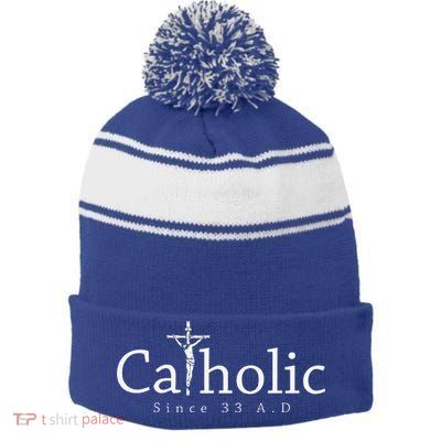 Catholic Since 33 AD Crucifix Jesus Eucharist Christianity Stripe Pom Pom Beanie