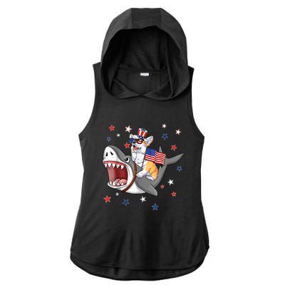 Corgi Shark 4th Of July Dog Mom Dad Puppy Lover Ladies PosiCharge Tri-Blend Wicking Draft Hoodie Tank