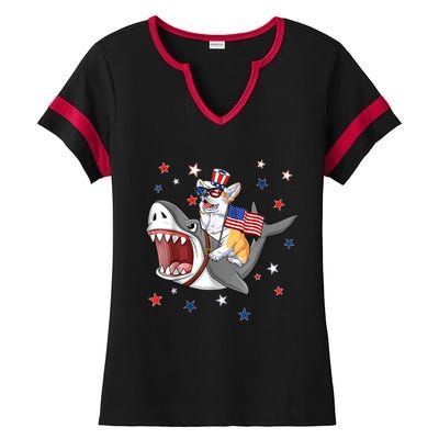 Corgi Shark 4th Of July Dog Mom Dad Puppy Lover Ladies Halftime Notch Neck Tee