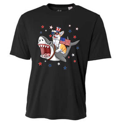 Corgi Shark 4th Of July Dog Mom Dad Puppy Lover Cooling Performance Crew T-Shirt