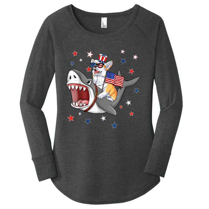 Corgi Shark 4th Of July Dog Mom Dad Puppy Lover Women's Perfect Tri Tunic Long Sleeve Shirt