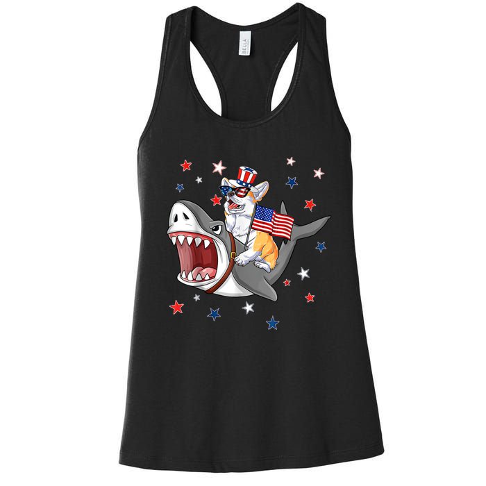 Corgi Shark 4th Of July Dog Mom Dad Puppy Lover Women's Racerback Tank