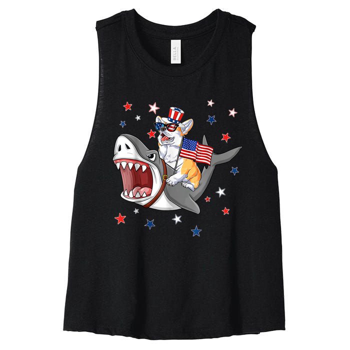 Corgi Shark 4th Of July Dog Mom Dad Puppy Lover Women's Racerback Cropped Tank