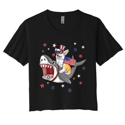 Corgi Shark 4th Of July Dog Mom Dad Puppy Lover Women's Crop Top Tee