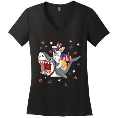 Corgi Shark 4th Of July Dog Mom Dad Puppy Lover Women's V-Neck T-Shirt