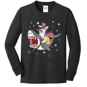 Corgi Shark 4th Of July Dog Mom Dad Puppy Lover Kids Long Sleeve Shirt