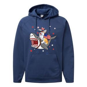 Corgi Shark 4th Of July Dog Mom Dad Puppy Lover Performance Fleece Hoodie