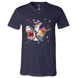 Corgi Shark 4th Of July Dog Mom Dad Puppy Lover V-Neck T-Shirt