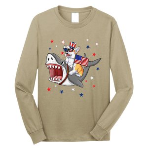 Corgi Shark 4th Of July Dog Mom Dad Puppy Lover Long Sleeve Shirt