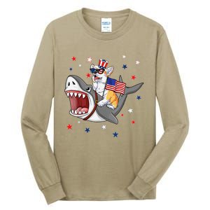 Corgi Shark 4th Of July Dog Mom Dad Puppy Lover Tall Long Sleeve T-Shirt