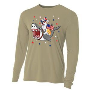 Corgi Shark 4th Of July Dog Mom Dad Puppy Lover Cooling Performance Long Sleeve Crew