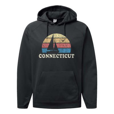 Connecticut Sailboat 70s Throwback Sunset Performance Fleece Hoodie