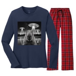 Capybara Selfie Alien Ufo Gifts Rodent Lover Women's Long Sleeve Flannel Pajama Set 