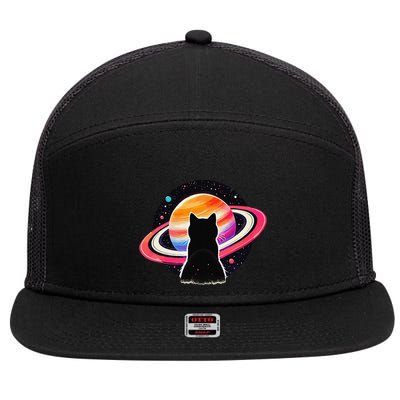 Cat Staring At Planet Saturn Cat Dad Cat Lover 7 Panel Mesh Trucker Snapback Hat