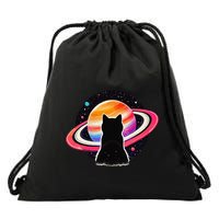 Cat Staring At Planet Saturn Cat Dad Cat Lover Drawstring Bag