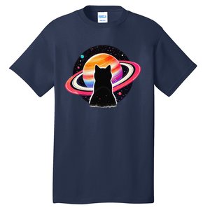 Cat Staring At Planet Saturn Cat Dad Cat Lover Tall T-Shirt