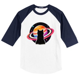 Cat Staring At Planet Saturn Cat Dad Cat Lover Baseball Sleeve Shirt