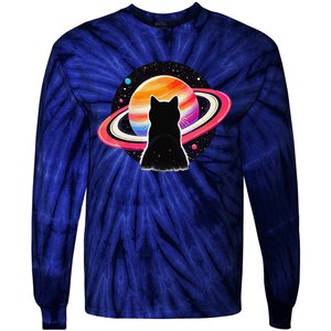 Cat Staring At Planet Saturn Cat Dad Cat Lover Tie-Dye Long Sleeve Shirt