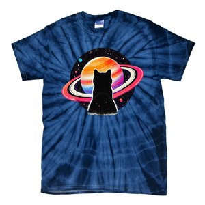 Cat Staring At Planet Saturn Cat Dad Cat Lover Tie-Dye T-Shirt