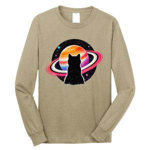 Cat Staring At Planet Saturn Cat Dad Cat Lover Long Sleeve Shirt