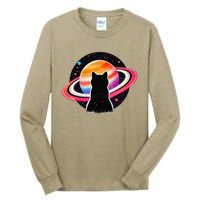 Cat Staring At Planet Saturn Cat Dad Cat Lover Tall Long Sleeve T-Shirt