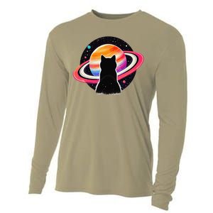 Cat Staring At Planet Saturn Cat Dad Cat Lover Cooling Performance Long Sleeve Crew