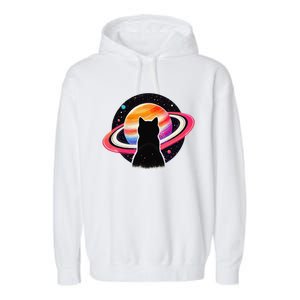 Cat Staring At Planet Saturn Cat Dad Cat Lover Garment-Dyed Fleece Hoodie