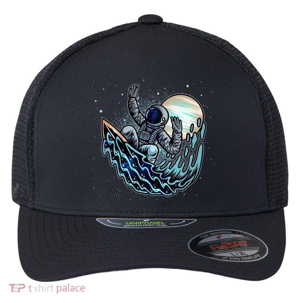 Cool Space Astronaut Surfing the Galaxy Flexfit Unipanel Trucker Cap