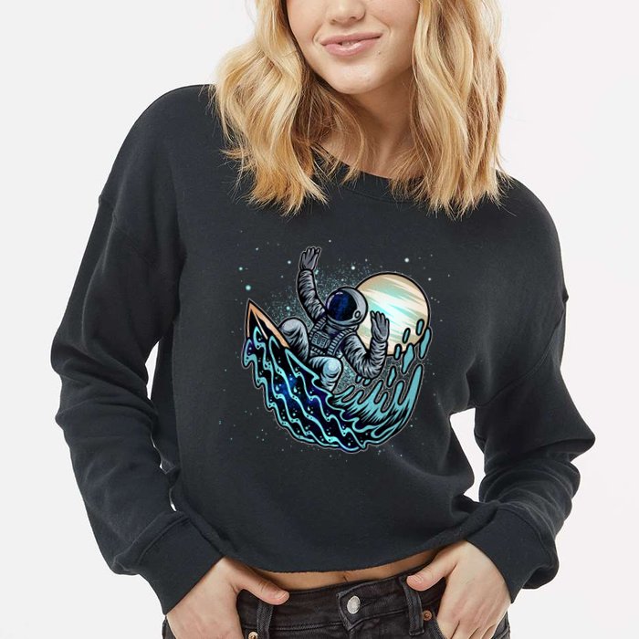 Cool Space Astronaut Surfing the Galaxy Cropped Pullover Crew