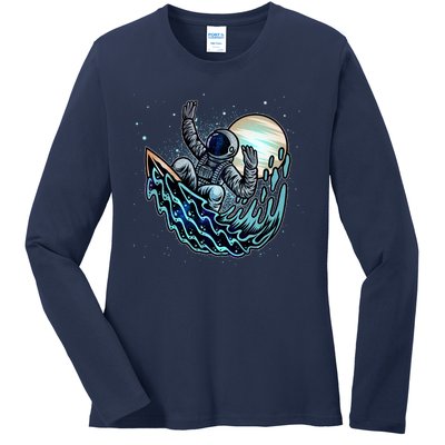 Cool Space Astronaut Surfing the Galaxy Ladies Long Sleeve Shirt