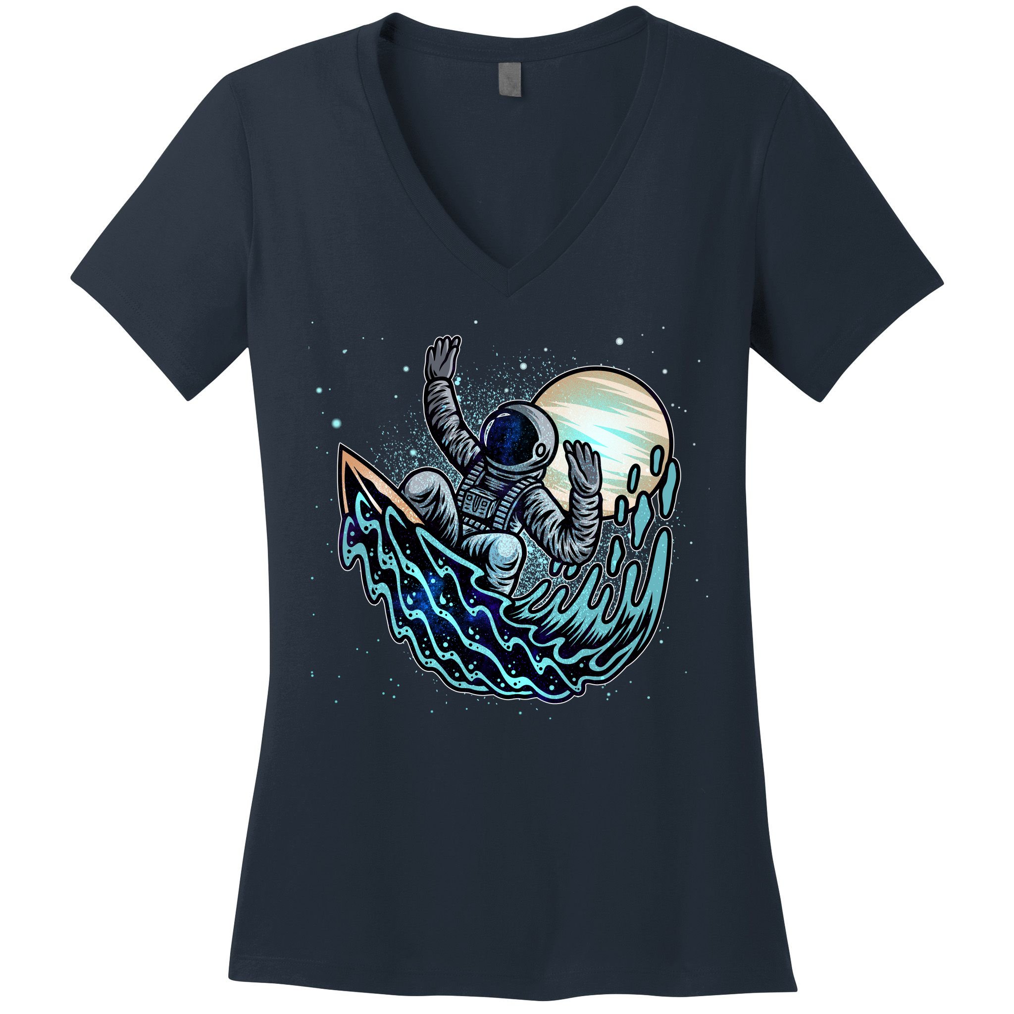 Cool Space Astronaut Surfing the Galaxy Women's V-Neck T-Shirt