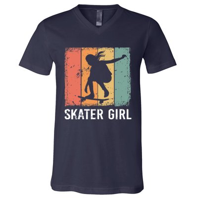 Cool Skater Art Wo Girls Skateboarding Skateboard Skating V-Neck T-Shirt