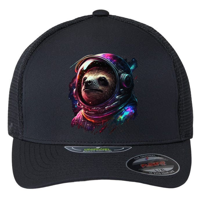 cute Sloth Astronaut in Space Suit Colorful Cosmos Flexfit Unipanel Trucker Cap