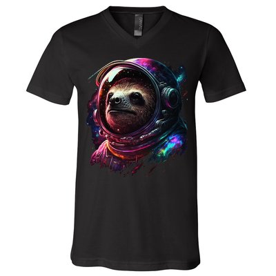 cute Sloth Astronaut in Space Suit Colorful Cosmos V-Neck T-Shirt