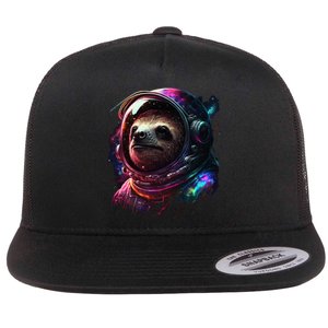 cute Sloth Astronaut in Space Suit Colorful Cosmos Flat Bill Trucker Hat