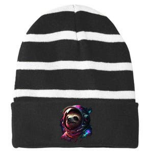 cute Sloth Astronaut in Space Suit Colorful Cosmos Striped Beanie with Solid Band