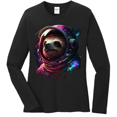 cute Sloth Astronaut in Space Suit Colorful Cosmos Ladies Long Sleeve Shirt