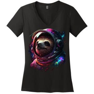 cute Sloth Astronaut in Space Suit Colorful Cosmos Women's V-Neck T-Shirt