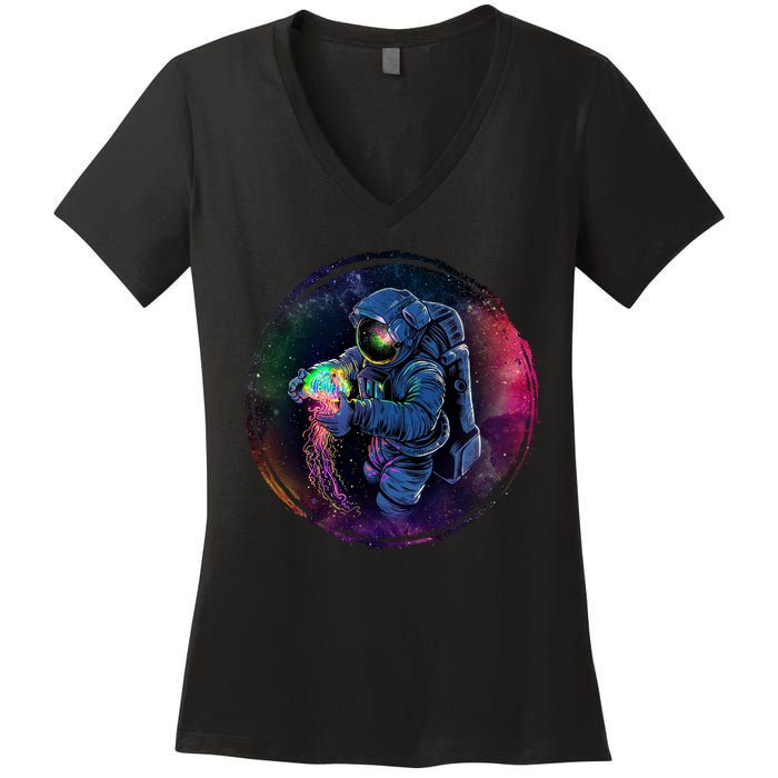 Cool Space Astronaut Jellyfish Galaxy Women's V-Neck T-Shirt